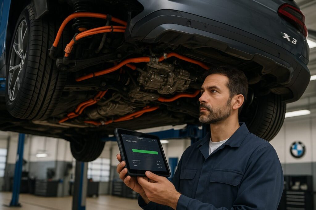 Meccanico specializzato BMW esegue diagnosi della batteria ad alta tensione su BMW X3 ibrido plug-in
