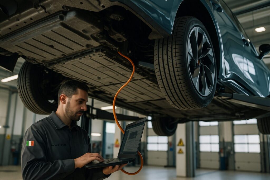 Tecnico specializzato esegue diagnosi SOH batteria su Cupra Born in officina autorizzata