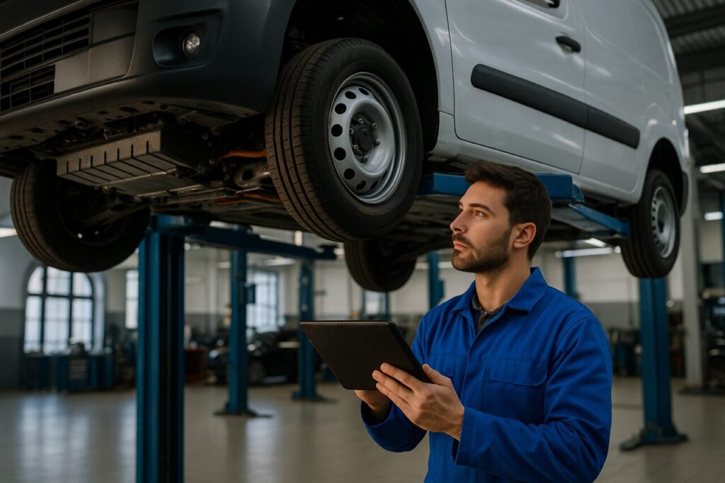 Meccanico controlla il pacco batterie di un veicolo elettrico usato in officina italiana