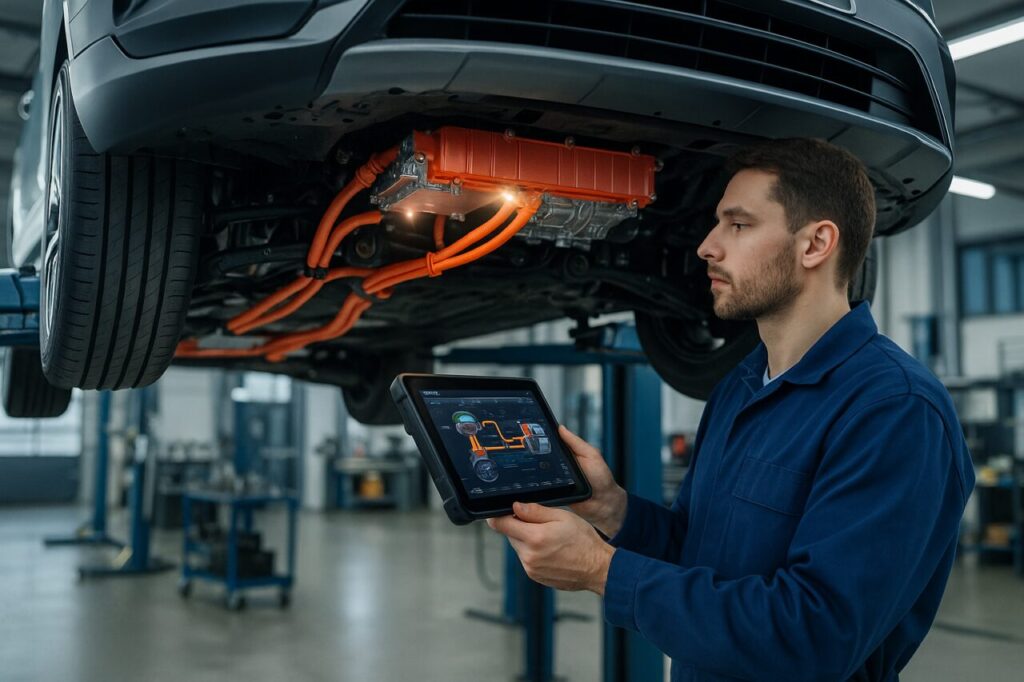 Meccanico specializzato in veicoli ibridi plug-in esegue diagnosi su Kia Sportage PHEV in officina italiana