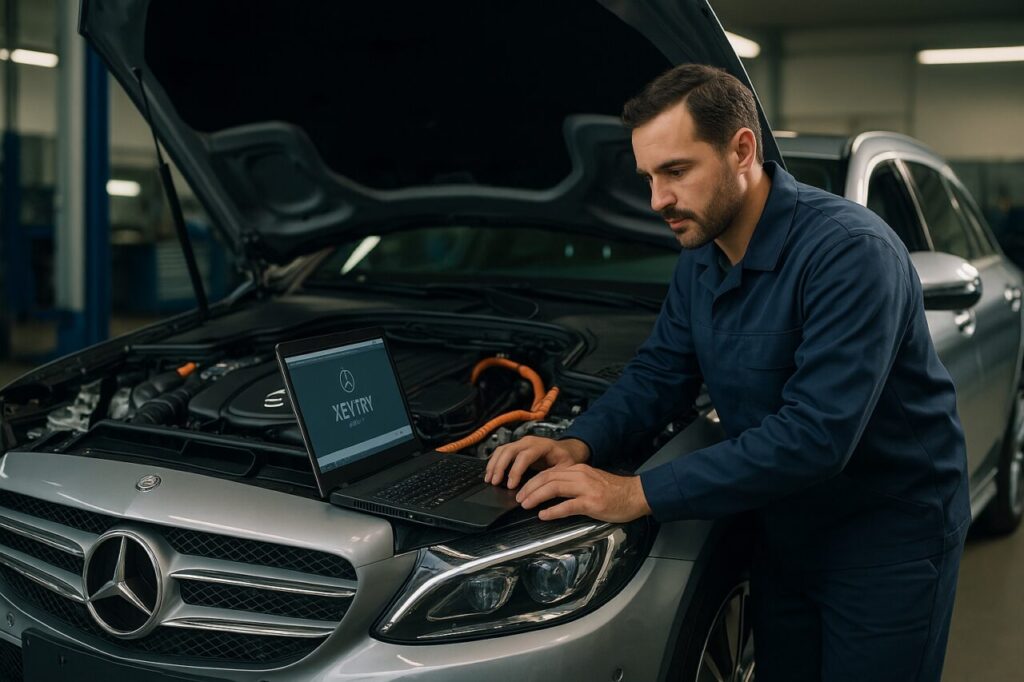 Meccanico specializzato esegue diagnosi SOH batteria su Mercedes Classe C ibrida plug-in usata