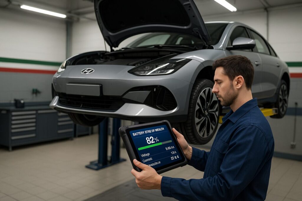 Meccanico che esegue diagnosi della batteria su Hyundai Ioniq 6 usata in officina specializzata in auto elettriche