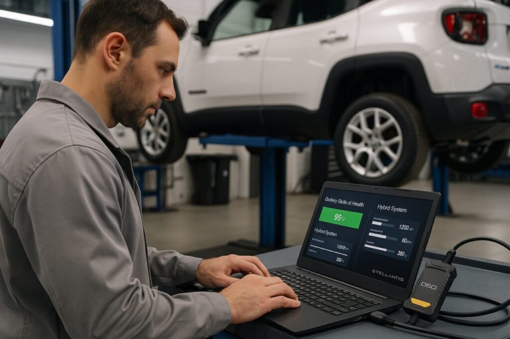 Meccanico specializzato esegue diagnosi della batteria ad alta tensione su Jeep Renegade 4xe con software Stellantis