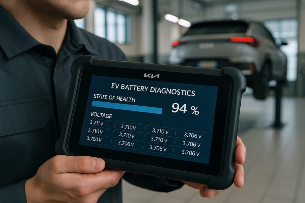 Diagnosi della batteria ad alta tensione su Kia PV5 Passenger in officina autorizzata Kia