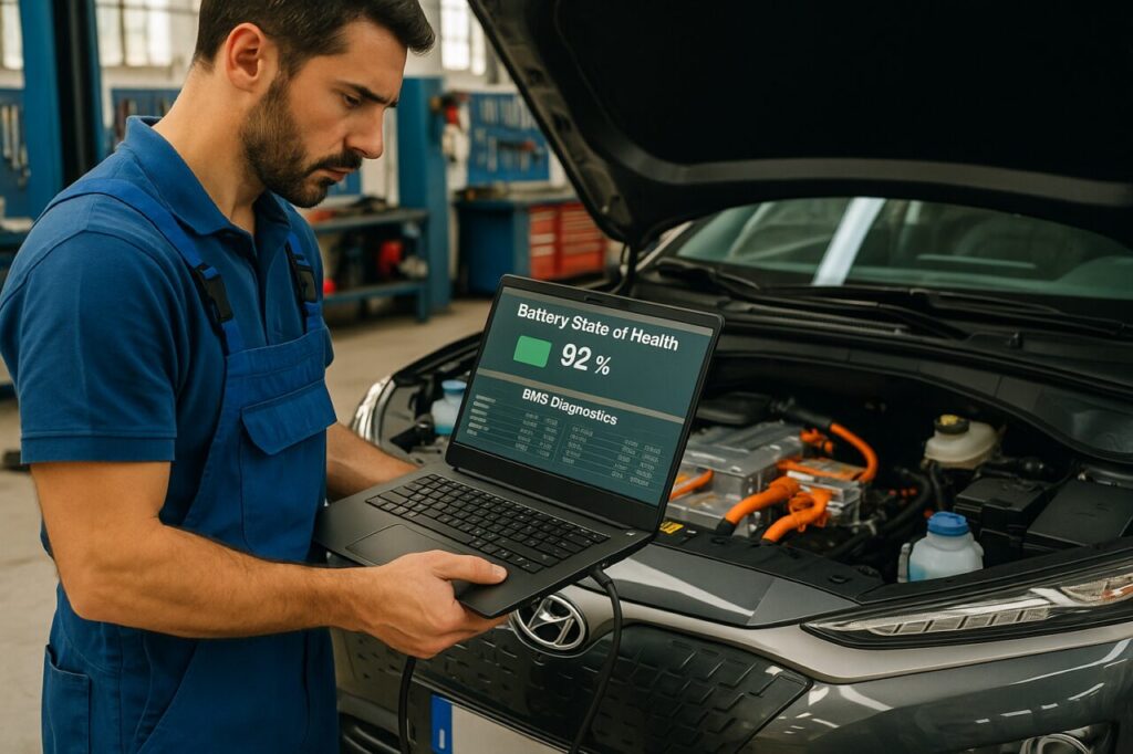 Meccanico controlla lo State of Health della batteria di un Hyundai Kona Elettrico usato con software diagnostico