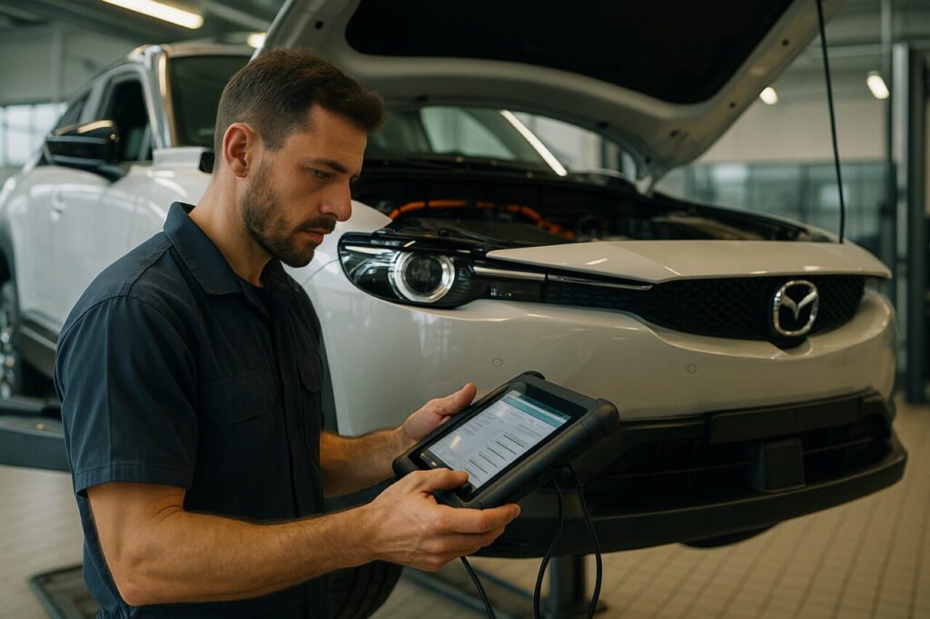 Meccanico esegue diagnosi SOH batteria Mazda MX-30 in officina, controllo stato salute batteria elettrica