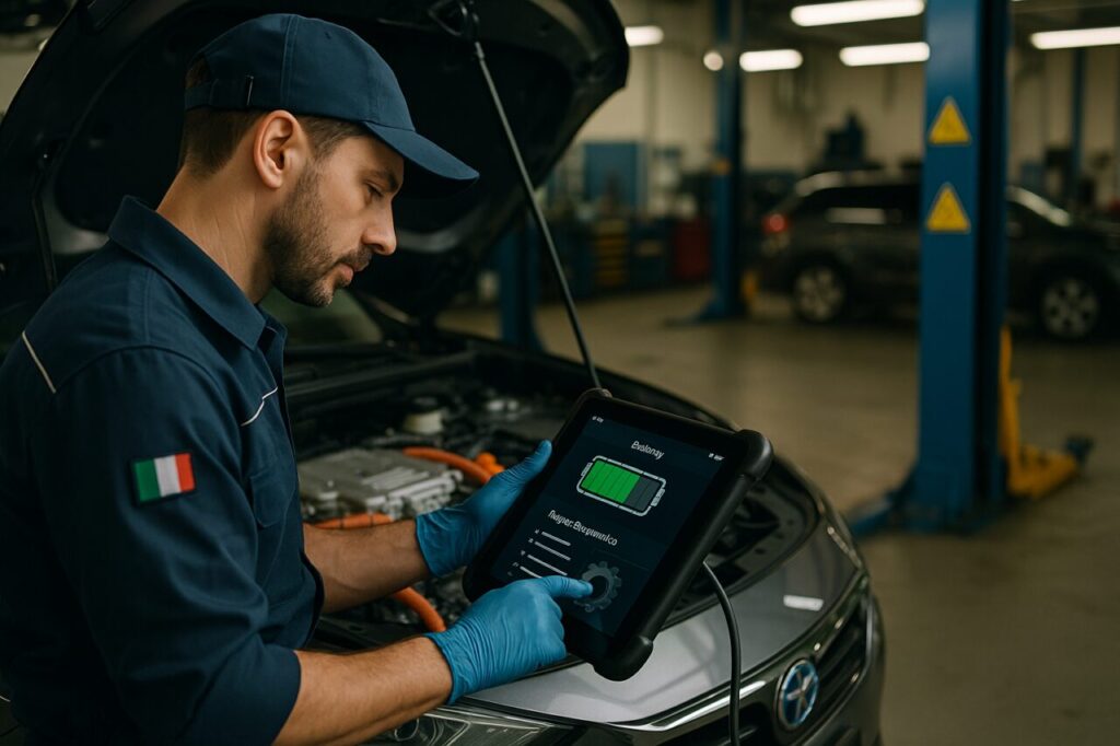 Meccanico specializzato esegue diagnosi BMS su Mercedes CLA PHEV in officina italiana, controllo batteria ibrido plug-in