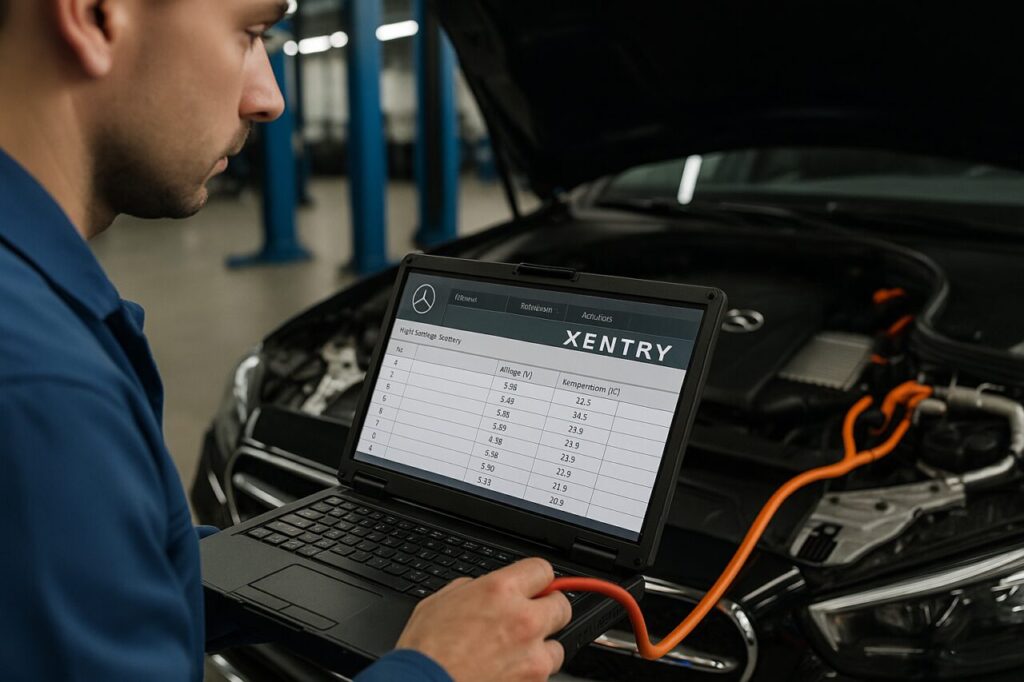 Meccanico specializzato esegue diagnosi batteria Mercedes Classe E Plug-in con software XENTRY, manutenzione ibrido plug-in
