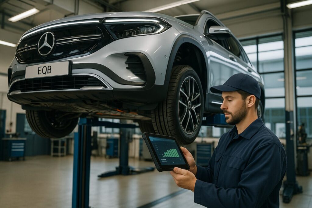 Meccanico esegue diagnosi batteria Mercedes EQB usato in officina specializzata
