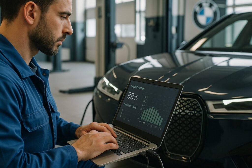 Tecnico BMW esegue diagnosi batteria SOH su BMW iX usata in officina italiana