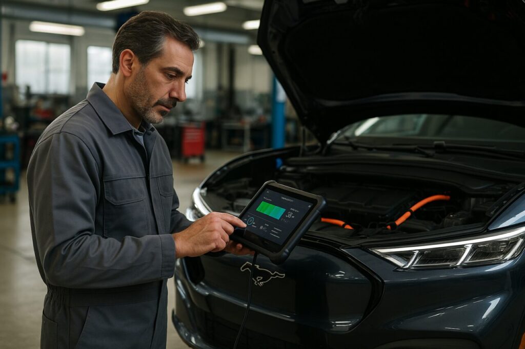 Meccanico italiano esegue diagnosi BMS su Ford Mustang Mach-E elettrico usato