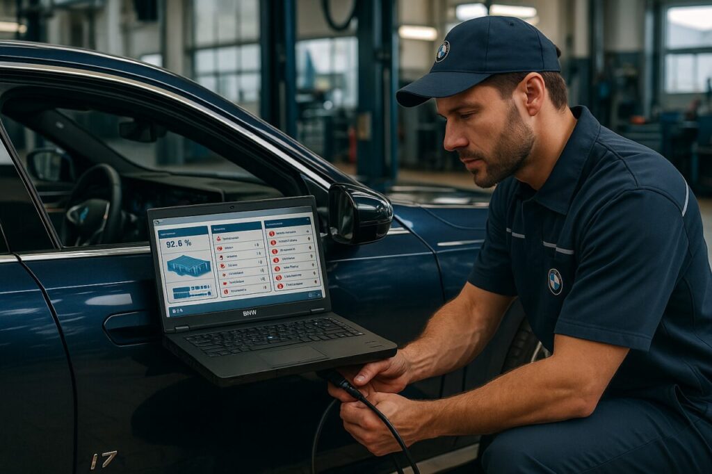 Tecnico BMW autorizzato esegue diagnosi su BMW i7 elettrica usata, controllo stato batteria e centraline
