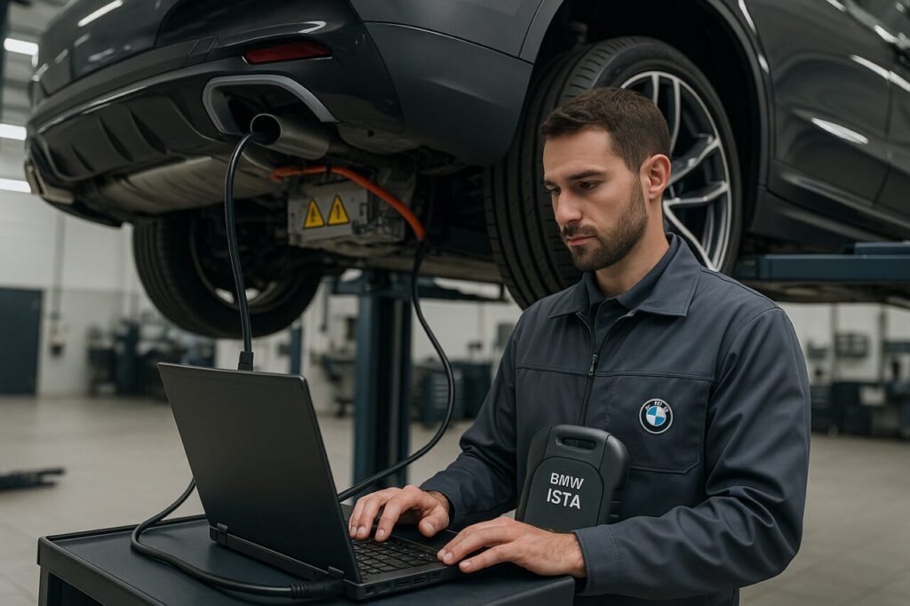Tecnico certificato BMW esegue diagnosi con strumento ISTA su sistema ibrido ad alta tensione di un SUV di lusso