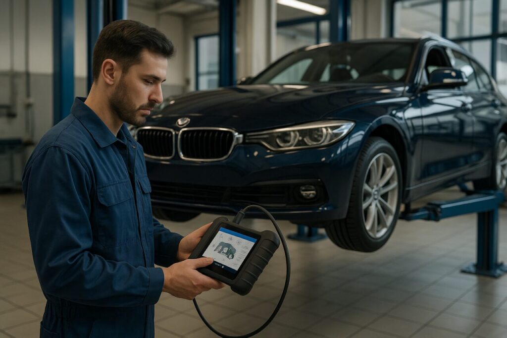 Diagnosi professionale BMW Serie 3 usata con scanner in officina specializzata per noleggio lungo termine