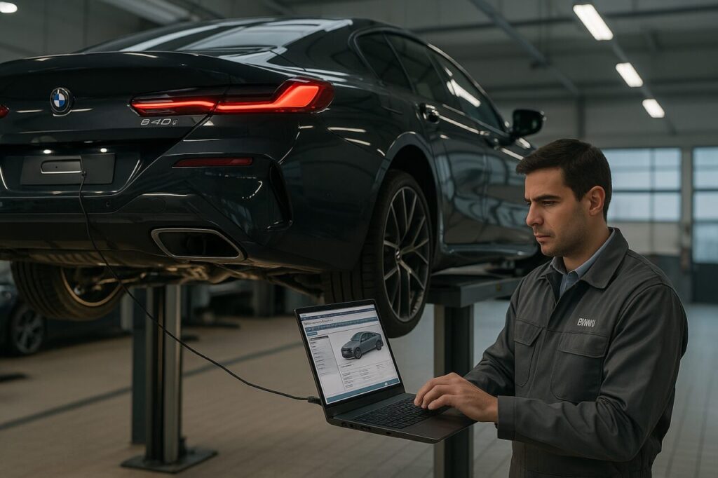 Meccanico autorizzato BMW esegue diagnosi su Serie 8 Gran Coupé usata in officina italiana