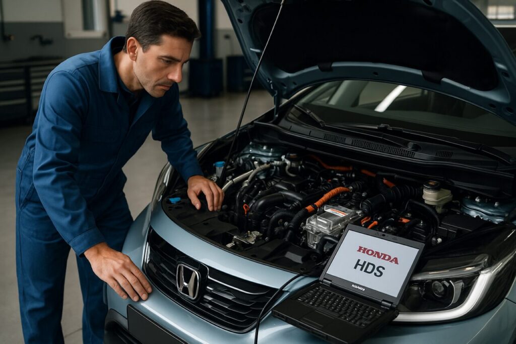 Meccanico specializzato Honda esegue diagnosi sistema ibrido e:HEV su Jazz Crosstar con strumento HDS