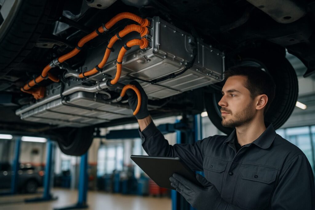 Meccanico controlla pacco batteria e sistema raffreddamento Citroën ë-C4 elettrica su ponte elevatore officina italiana