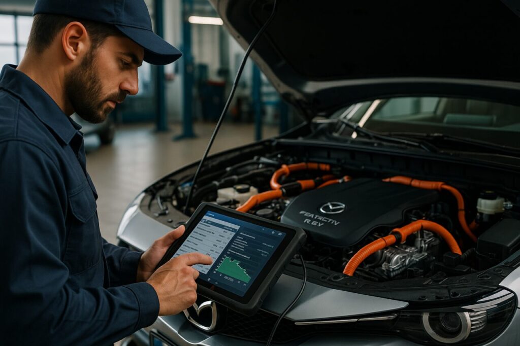 Meccanico specializzato esegue diagnosi con scanner su Mazda MX-30 R-EV ibrido plug-in con motore rotativo Wankel