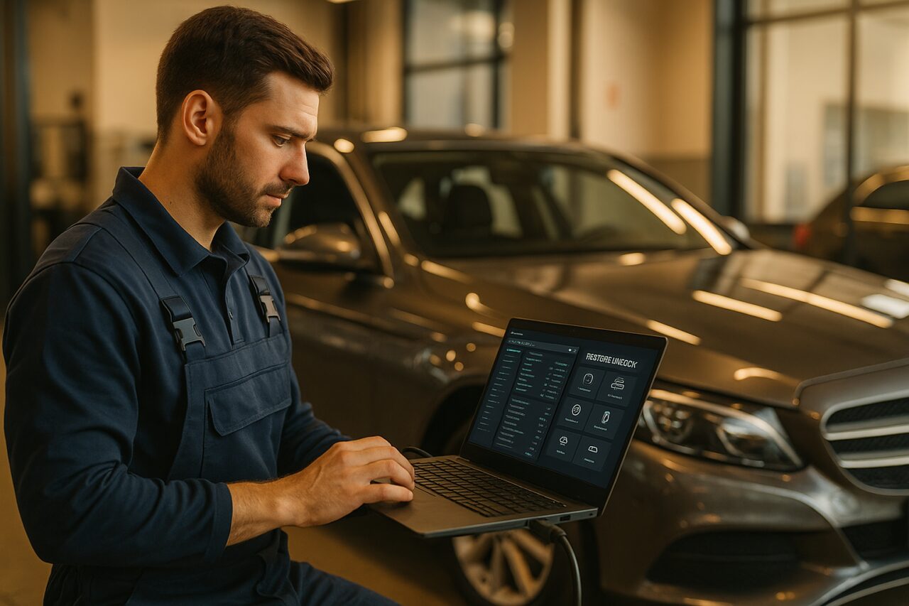 Tecnico autorizzato esegue diagnosi software su auto usata prima del noleggio a lungo termine