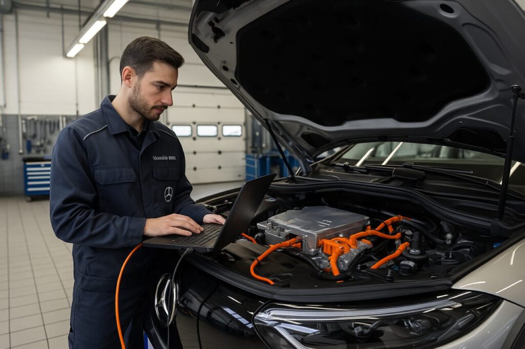 Tecnico autorizzato Mercedes esegue diagnosi software su Mercedes EQS SUV elettrico in officina italiana