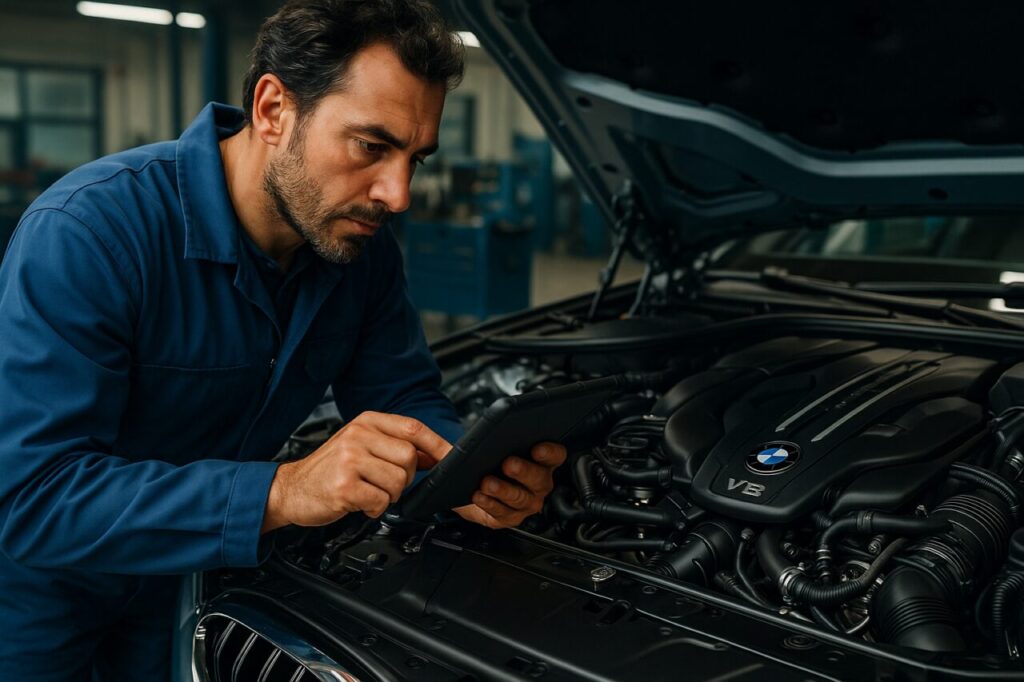 Meccanico specializzato BMW esegue diagnosi tecnica su motore N63 di BMW Serie 8 in officina italiana