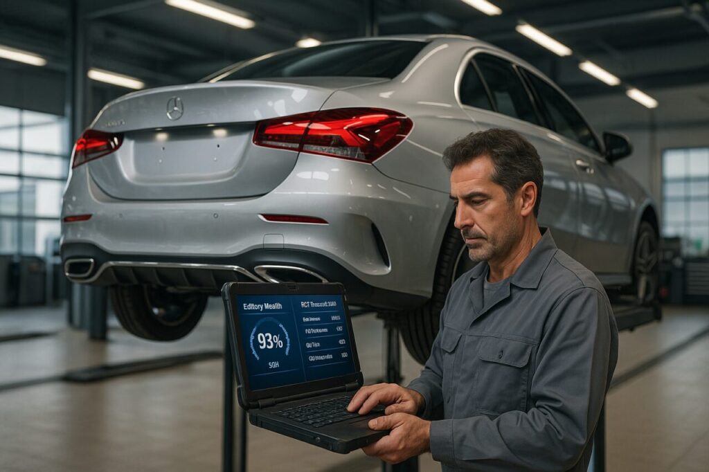 Meccanico autorizzato Mercedes esegue diagnosi XENTRY su Classe A ibrida plug-in in officina italiana