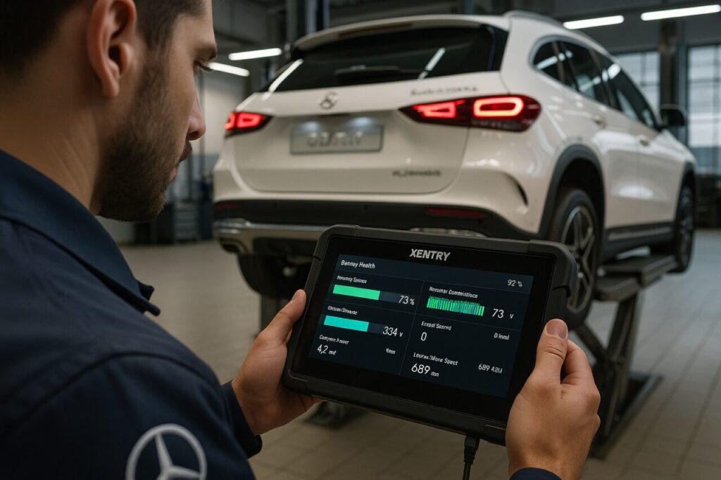 Meccanico autorizzato Mercedes esegue diagnosi XENTRY su cambio DCT e batteria ad alta tensione di GLA 250 e ibrido plug-in