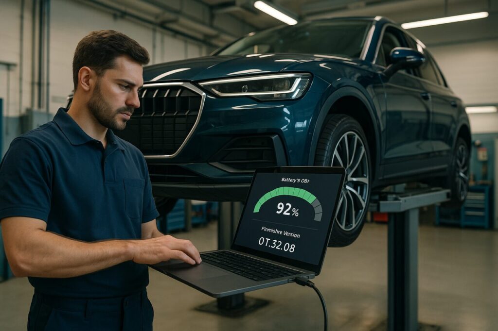 Meccanico specializzato esegue diagnostica VCDS su Audi e-tron usato per verificare State of Health della batteria