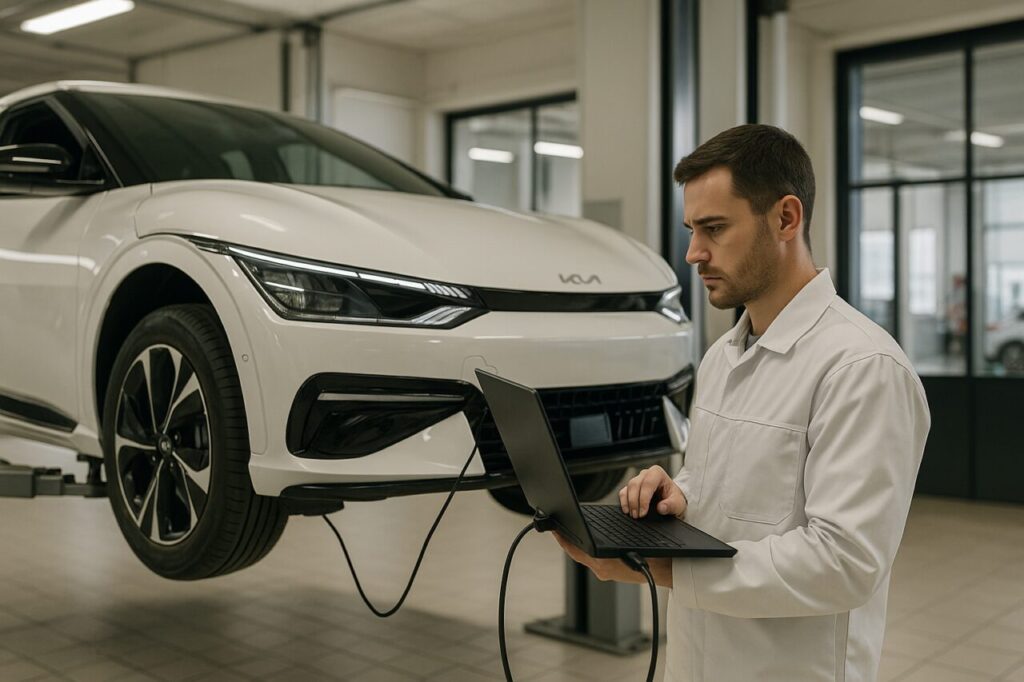 Tecnico autorizzato KIA esegue diagnostica batteria su EV6 usata con report State of Health