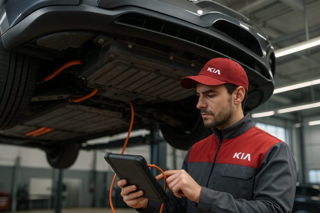 Tecnico KIA autorizzato esegue diagnostica State of Health batteria su EV9 usato in officina italiana