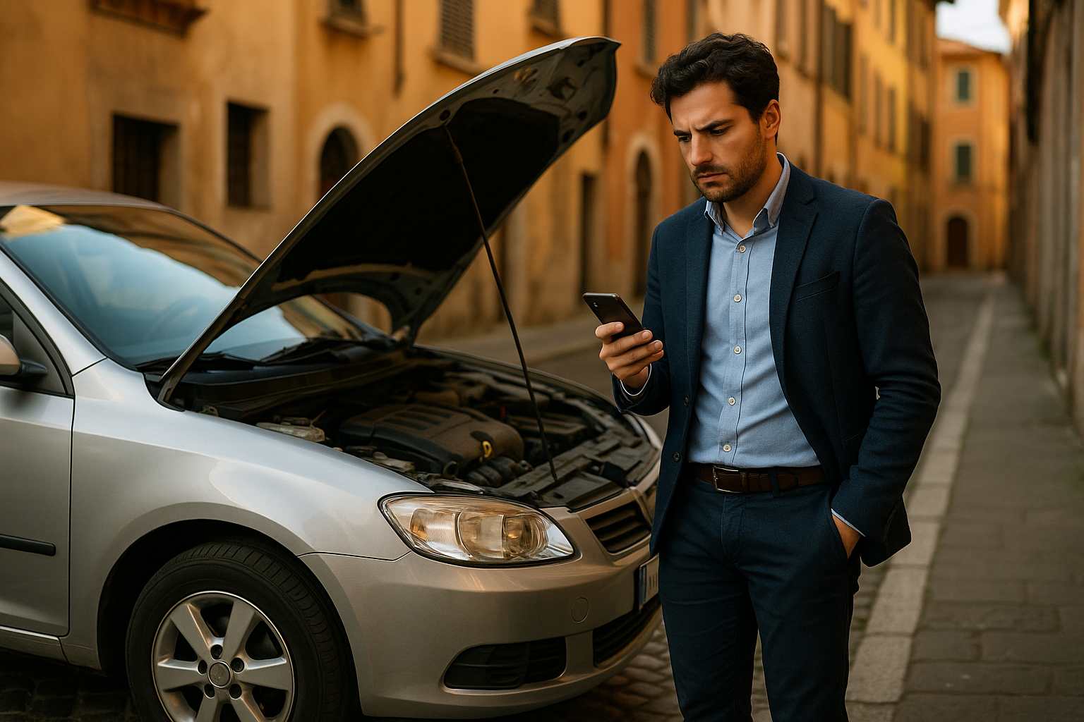 Uomo italiano esamina un difetto su auto usata in noleggio a lungo termine in una strada italiana