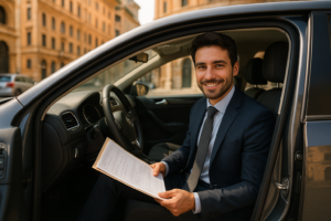 Uomo con documenti auto in noleggio a lungo termine su strada italiana