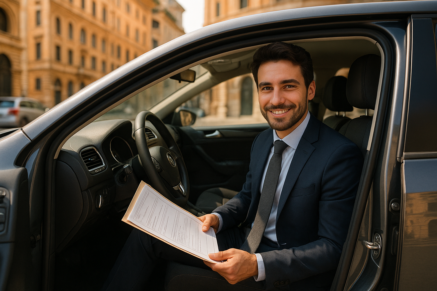 Uomo con documenti auto in noleggio a lungo termine su strada italiana