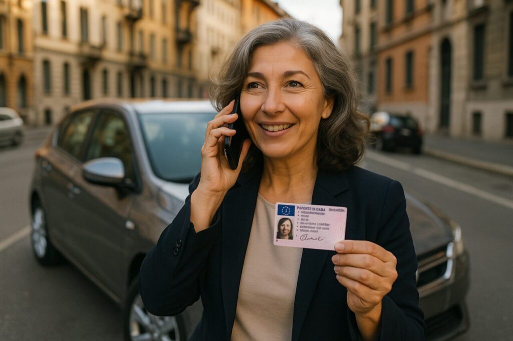 Donna che contatta la società di noleggio per aggiungere conducente autorizzato auto usata