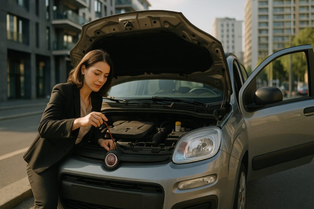 Donna italiana controlla la manutenzione della Fiat Panda km0 a Milano, noleggio lungo termine