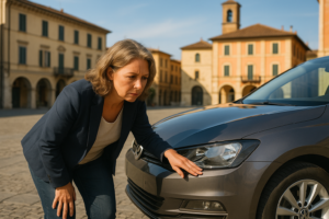 Donna che ispeziona auto usata in strada italiana, valutazione veicolo seminuevo, processo vendita auto