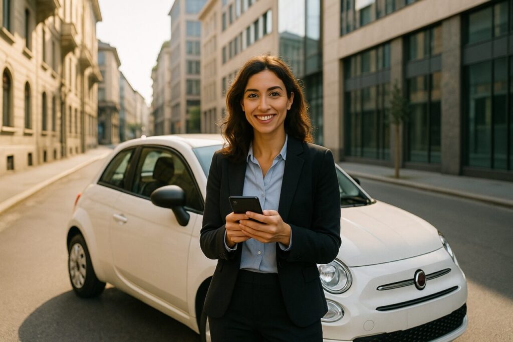 Donna italiana con Lancia Ypsilon km0 in noleggio a lungo termine a Milano senza anticipo