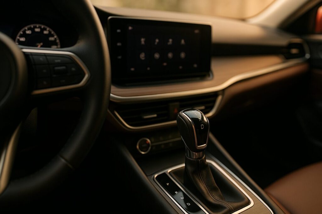 Interno auto con cambio automatico a doppia frizione, dettaglio leva cambio, noleggio lungo termine