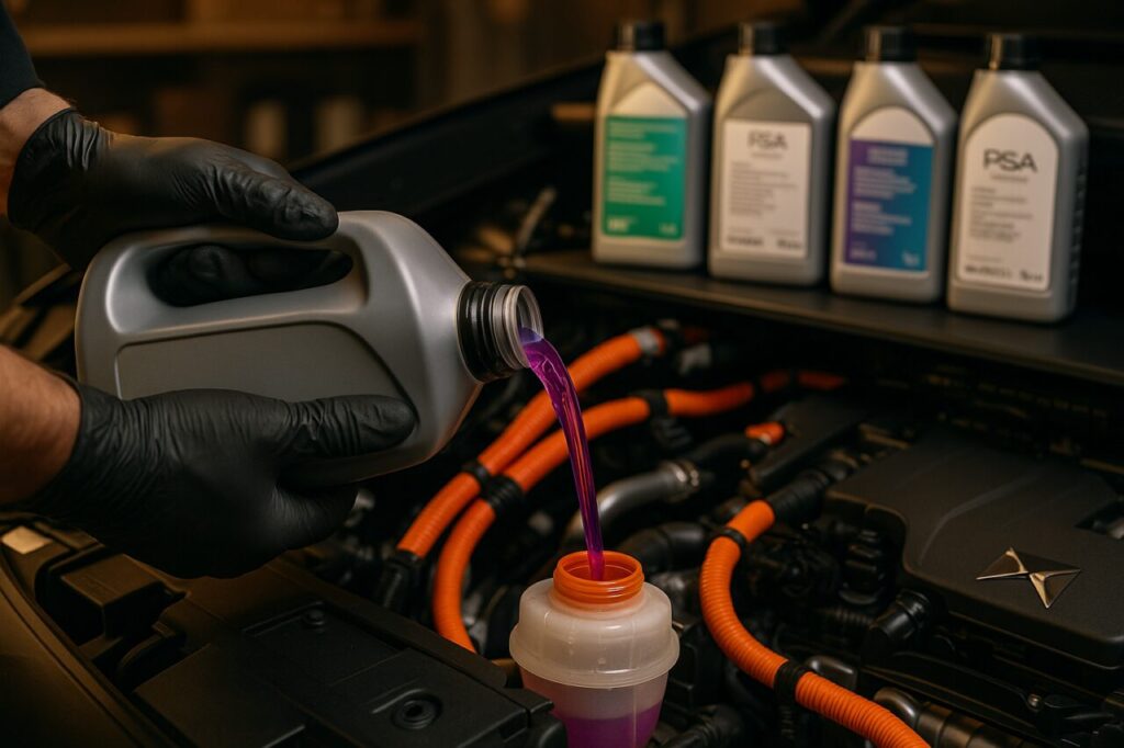 Sostituzione fluidi DS 4 ibrida plug-in E-TENSE, refrigerante OAT viola e olio motore PSA in officina