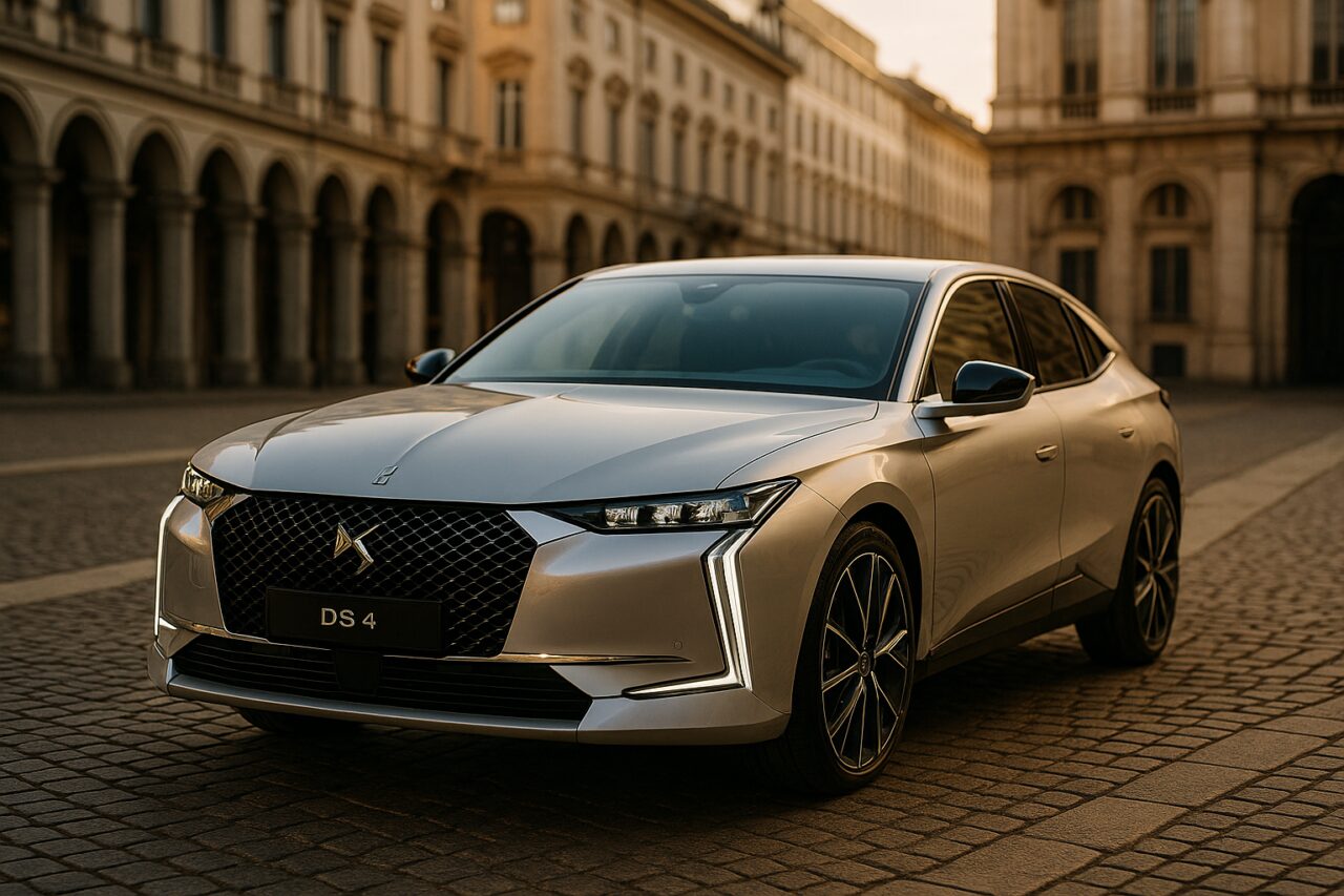 DS 4 ibrida plug-in parcheggiata in una strada storica italiana, noleggio a lungo termine auto usata km0