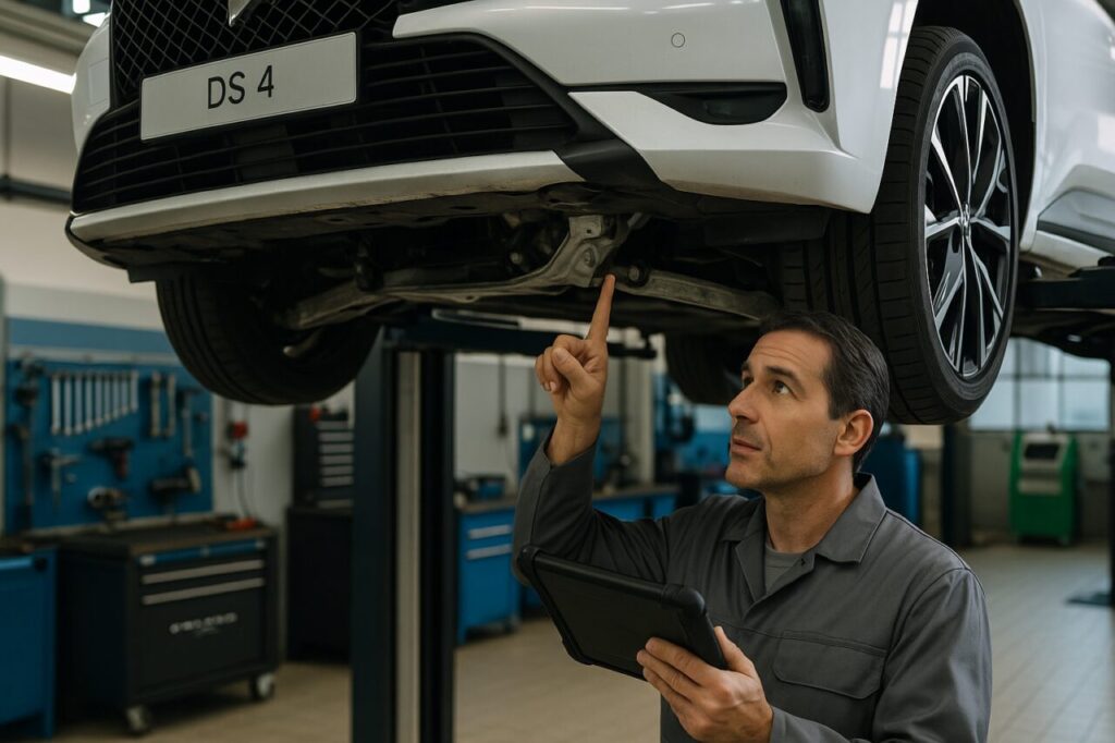 Meccanico professionista ispeziona la sospensione anteriore di una DS 4 su elevatore in officina italiana