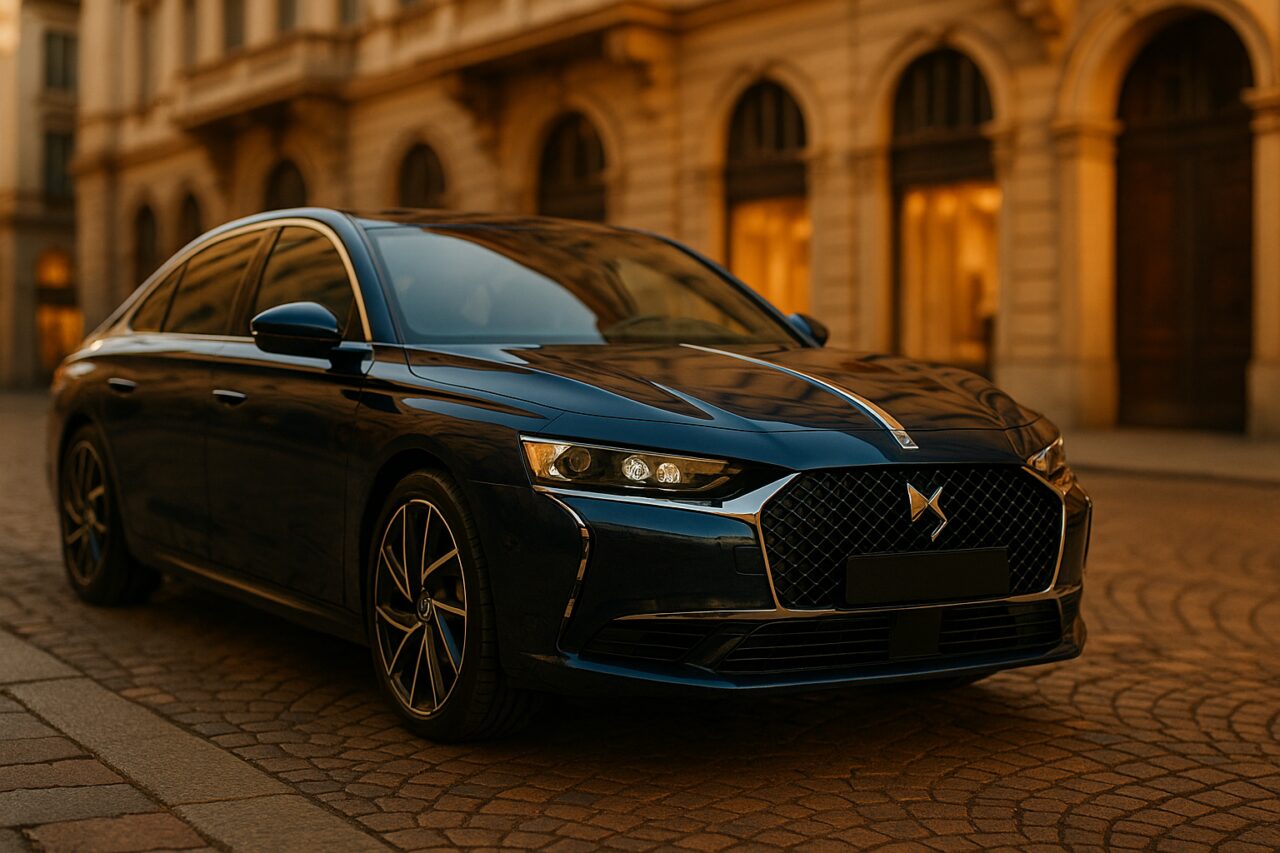 DS 9 berlina premium in noleggio a lungo termine parcheggiata in una strada storica italiana