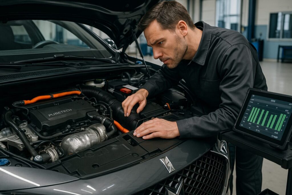 Meccanico specializzato controlla il motore PureTech 1.6 turbo di una DS 9 in officina italiana