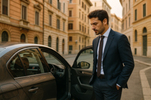 Uomo controlla il chilometraggio di un'auto in noleggio a lungo termine in una strada italiana