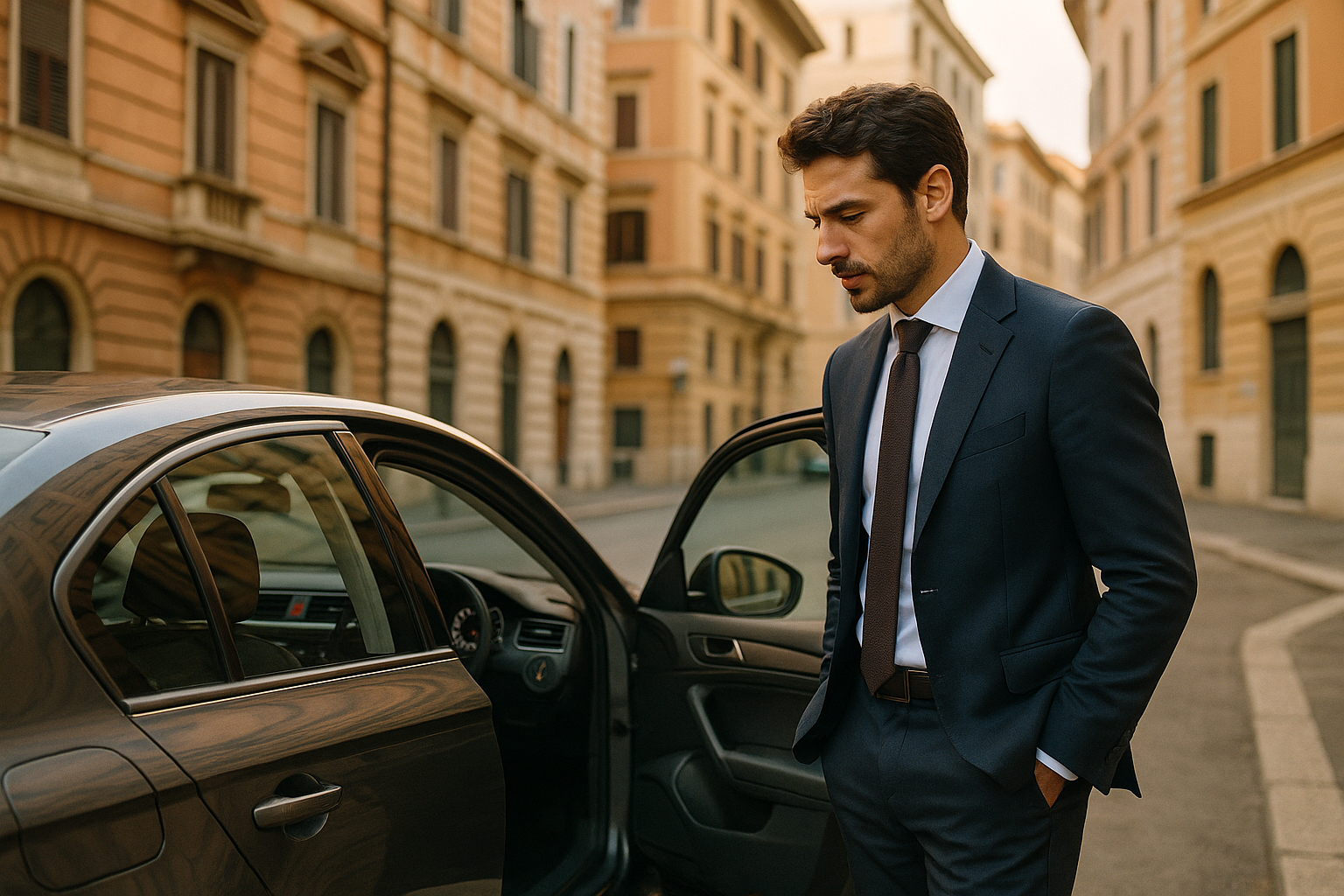 Uomo controlla il chilometraggio di un'auto in noleggio a lungo termine in una strada italiana