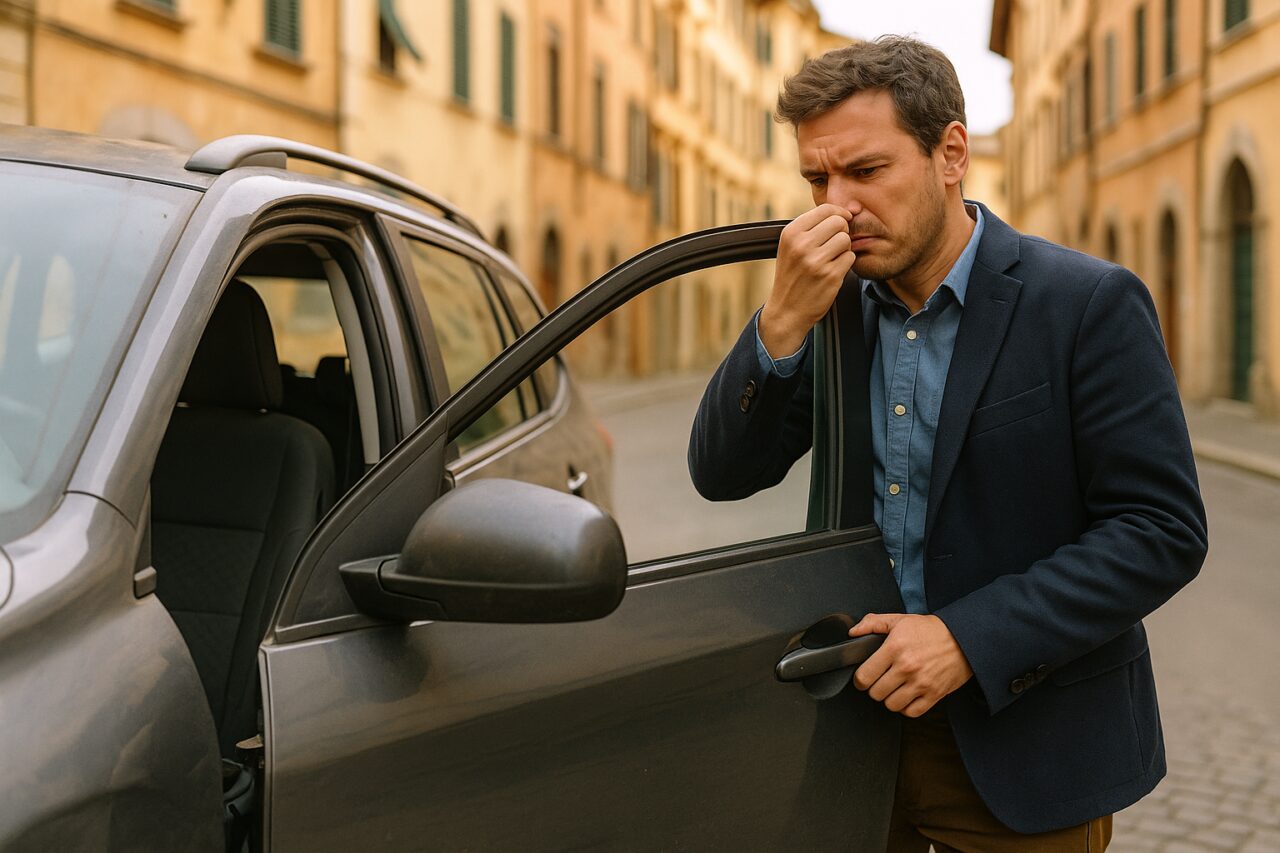 Persona apre la portiera di un'auto usata in noleggio a lungo termine per eliminare odori di fumo e animali dall'abitacolo