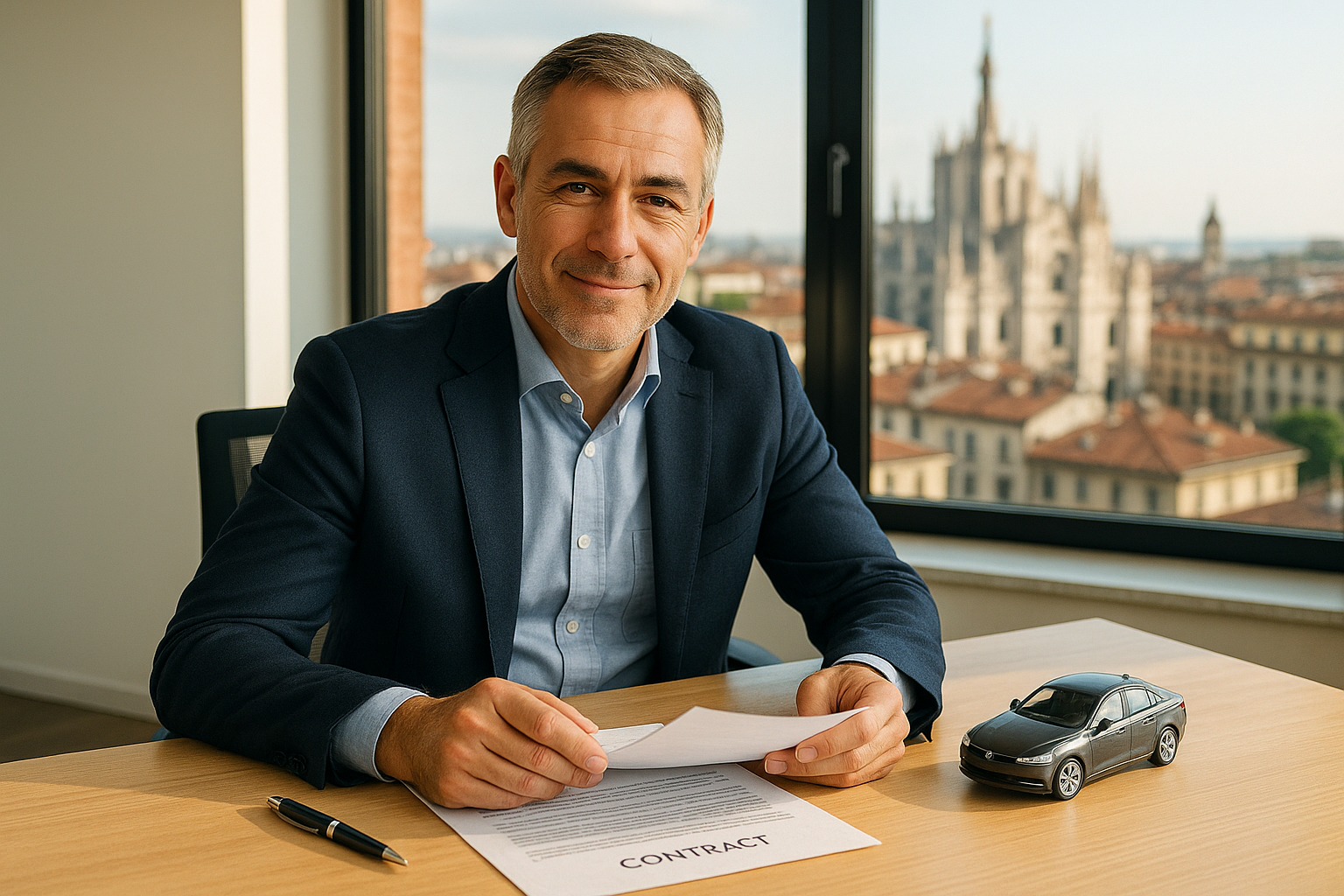 Uomo d'affari italiano che legge contratto di noleggio a lungo termine con fiducia, protezione legale NLT auto usata