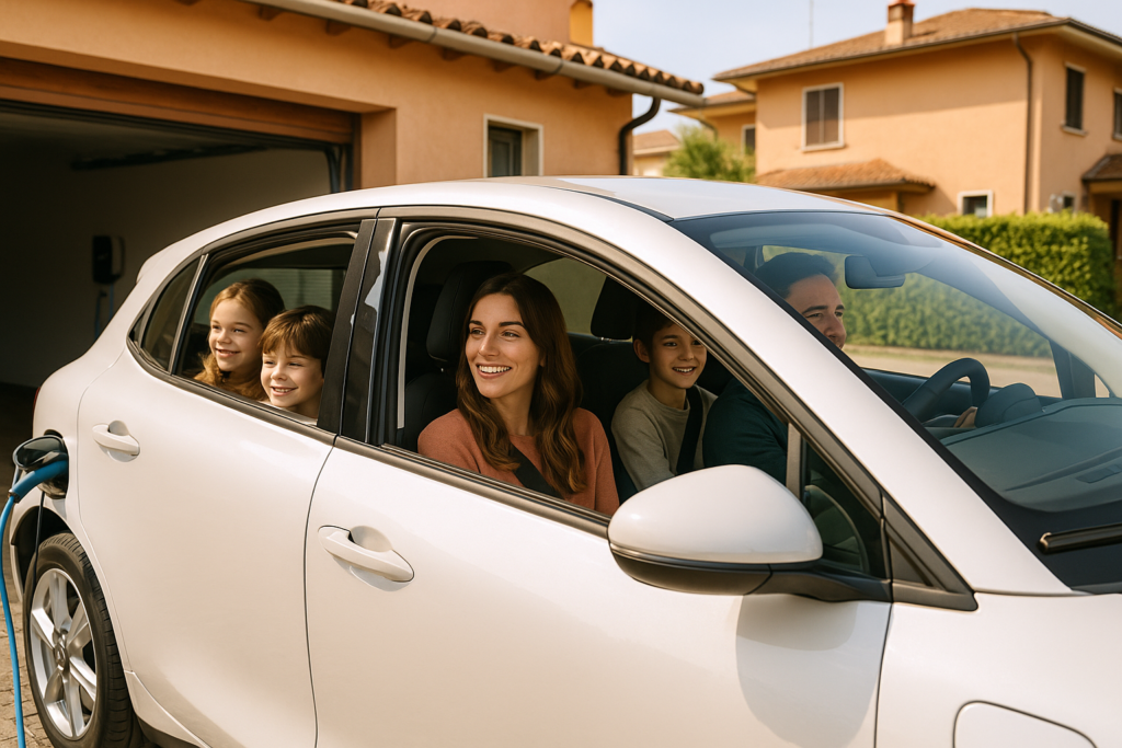 Famiglia italiana in auto elettrica usata con ricarica domestica nel noleggio a lungo termine