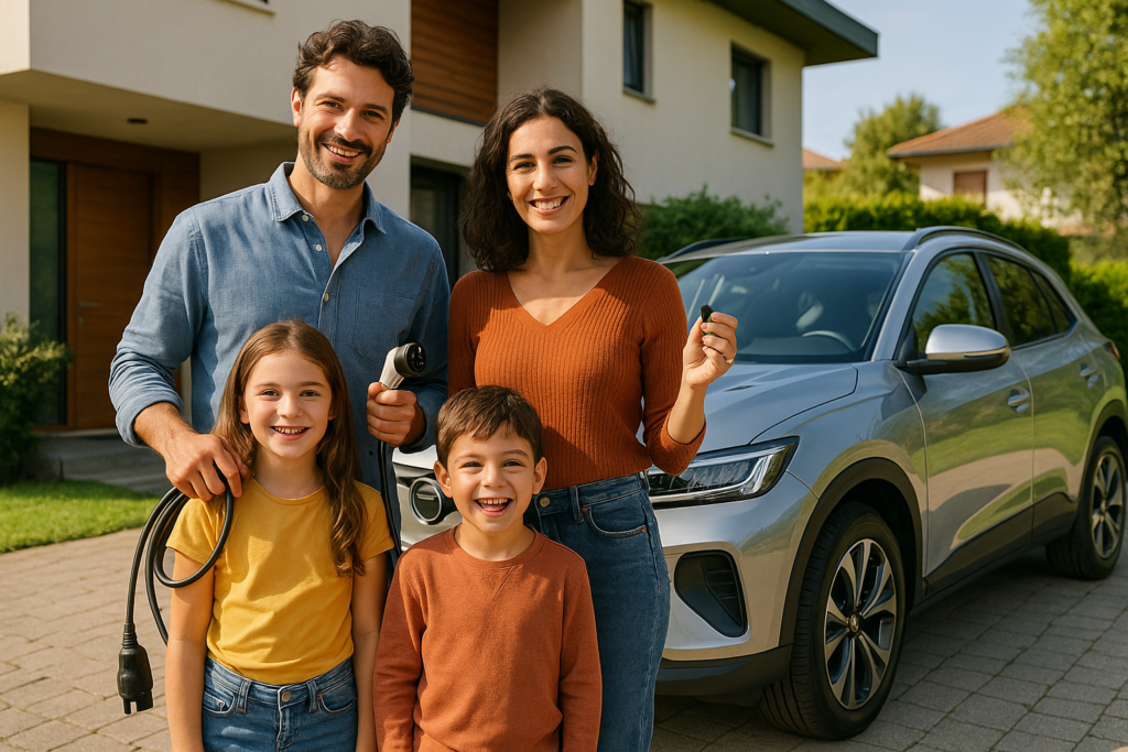 Famiglia italiana felice con auto elettrica usata in noleggio lungo termine senza anticipo