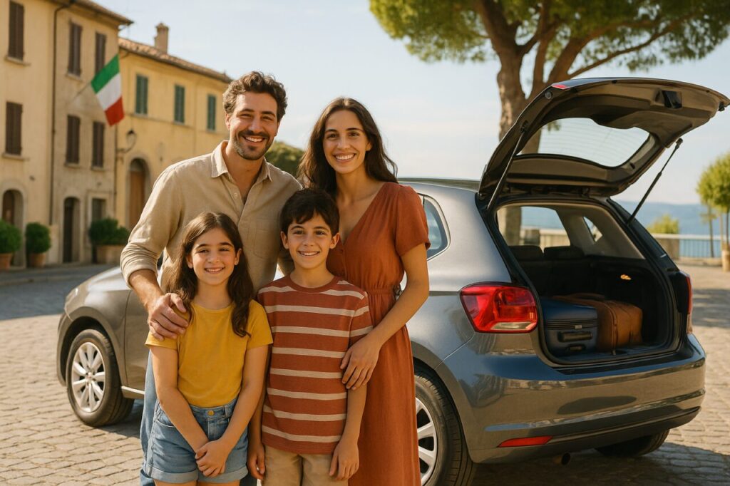 Famiglia italiana con auto usata segmento B in noleggio a lungo termine per il weekend